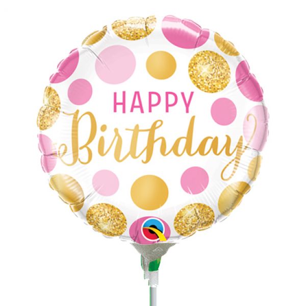 Folienballon luftgefüllt Happy Birthday Golden Pink Dots